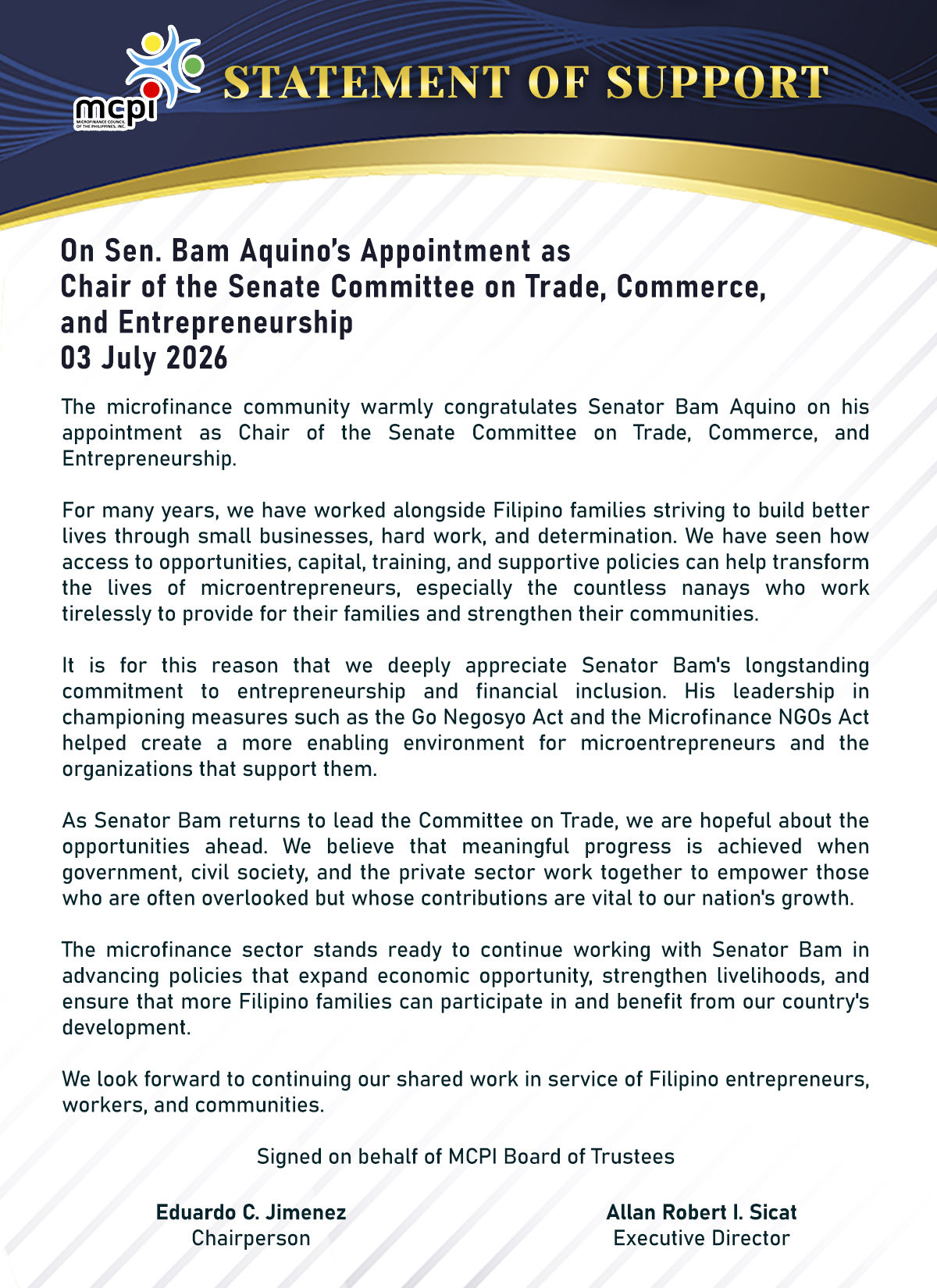Statement of Support on Sen. Bam Aquino’s Appointment as Chair of the Senate Committee on Trade, Commerce, and Entrepreneurship